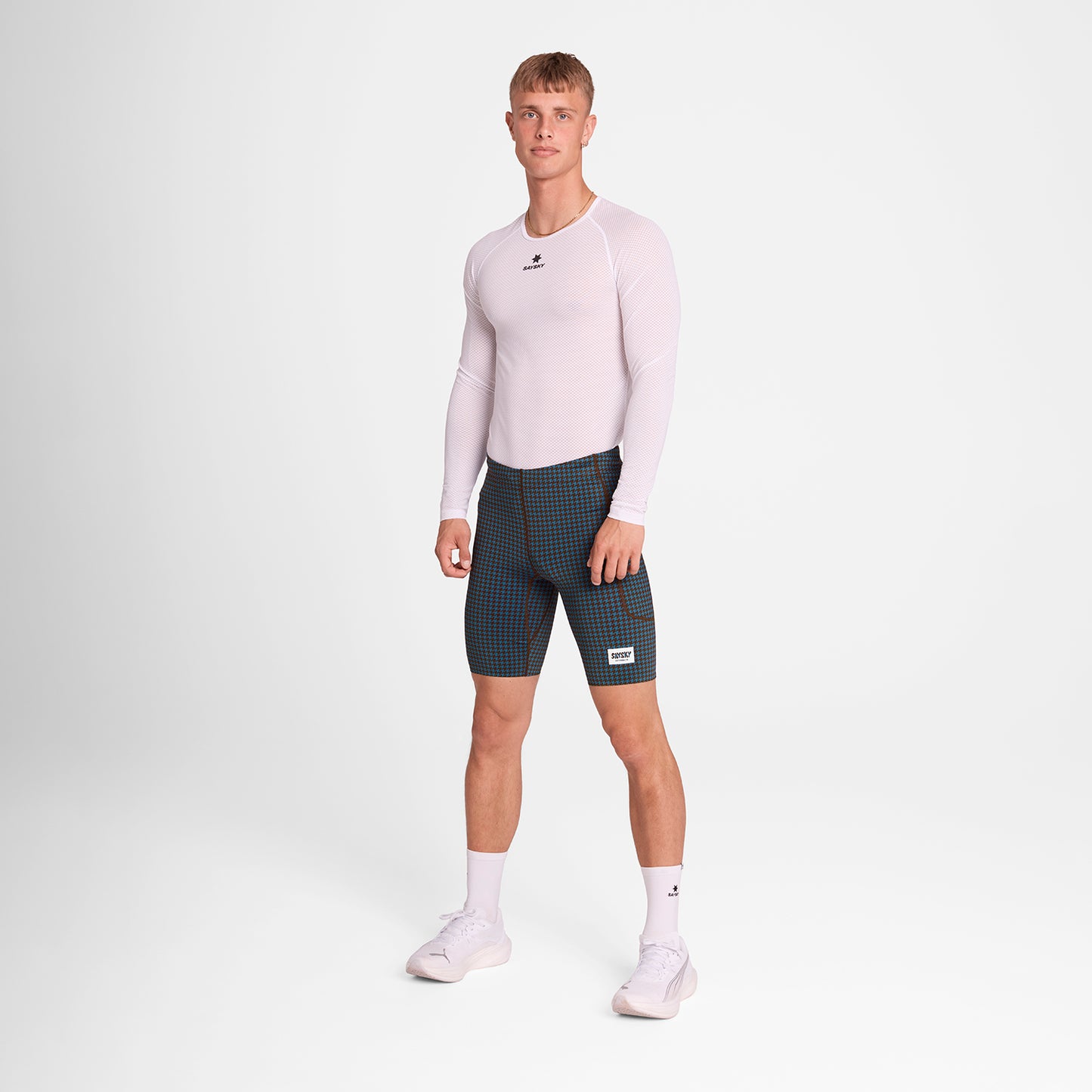 ランニングタイツ OMRST31c1047 Houndstooth Combat+ Short Tights 9inch - Blue Houndstooth Aop [メンズ]